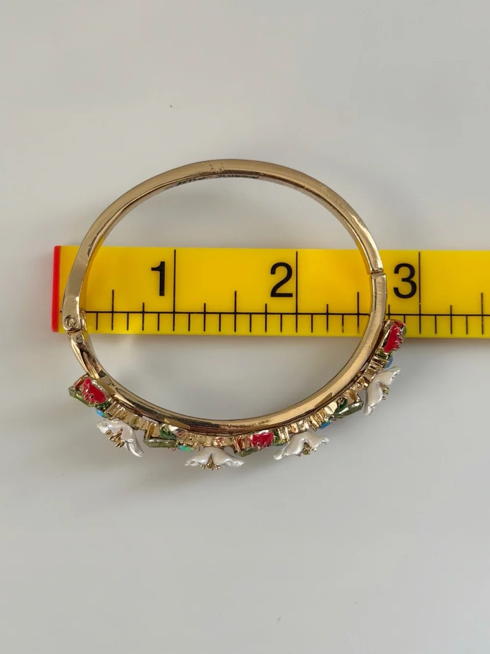 Betsey Johnson Strawberries White Flowers Gold Tone Hinge Bangle Bracelet